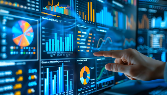 Auf einem großen Bildschirm sind mehrere Analysetabellen und Kreisdiagramme zu sehen.